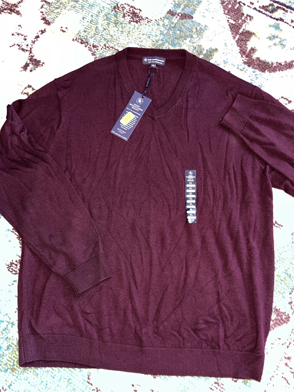NWT Hart Schaffner Marx Extra Fine Merino Wool V-Neck Sweater Wine Burgundy XL
